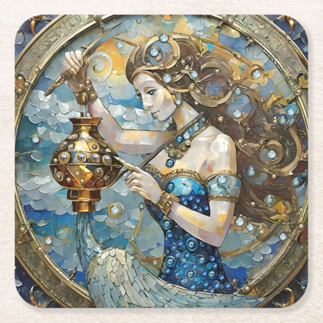Posavasos Cuadrado De Papel Zodiac - Aquarius El Aguador (Anverso)