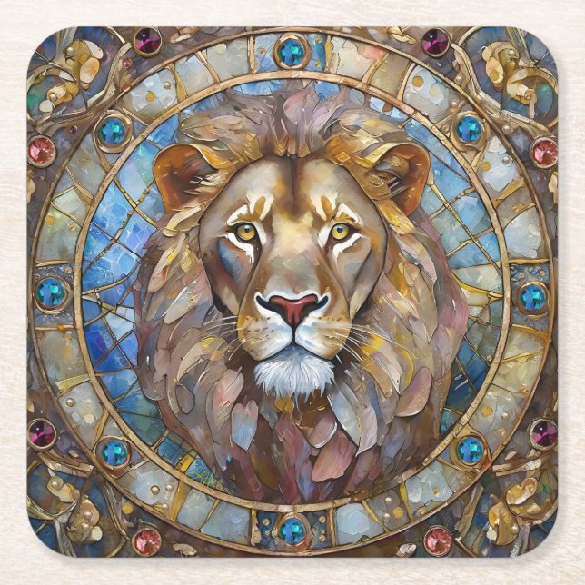 Posavasos Cuadrado De Papel Zodiac - Leo el León (Anverso)