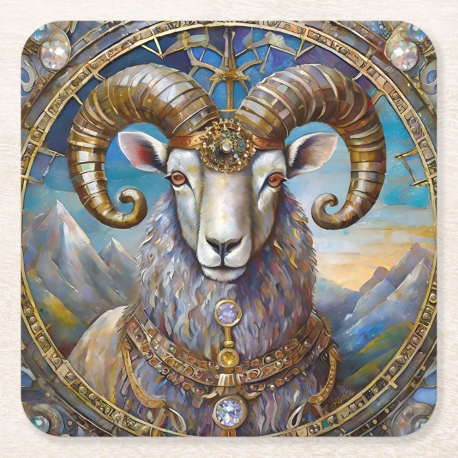 Posavasos Cuadrado De Papel Zodiaco - Aries The Ram (Anverso)