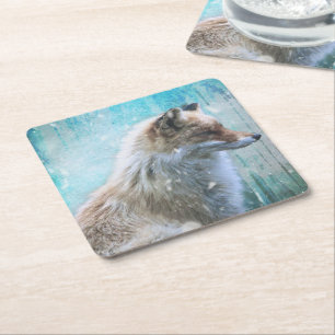 Posavasos Cuadrado De Papel Zorro de Furry Cute en fondo azul grunge