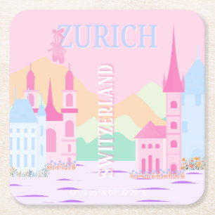 Posavasos Cuadrado De Papel Zurich Travel Art, Suiza, Pink Preppy