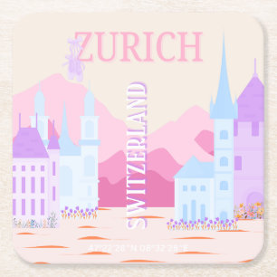 Posavasos Cuadrado De Papel Zurich Travel Art, Suiza, Viajes de Pink Preppy