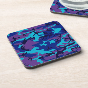 Posavasos Cuadrado de patrón azul y púrpura oscuro de camufl