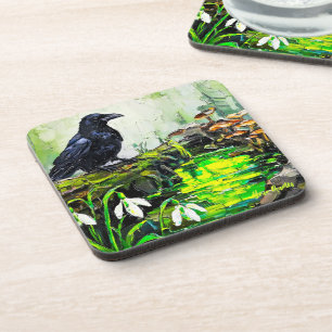 Posavasos Cuadro de óleo de cuervo negro y arroyo de bosque