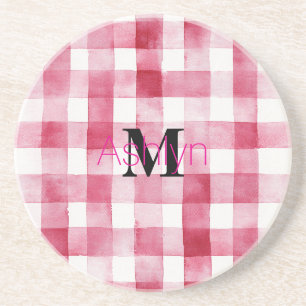 Posavasos Cuadros de rayas blancas rosa femenino Monograma 