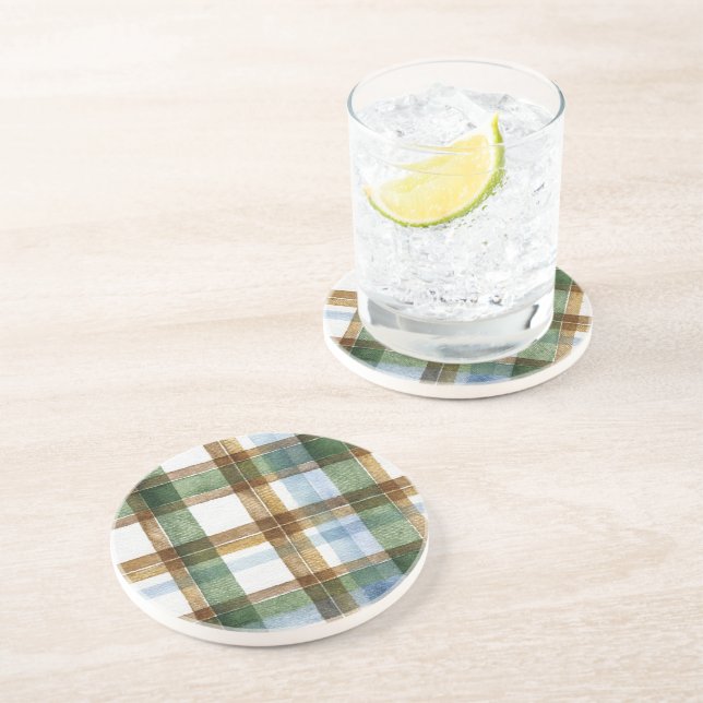Posavasos Cuadros de rayas verdes marrones azules (Lado)