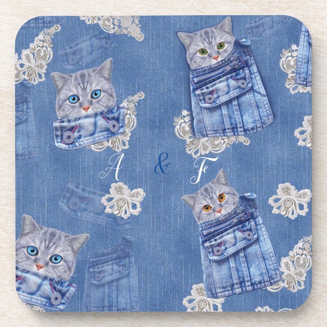 Posavasos Cubos de Denim Jean, gatitos y encaje (Frente)