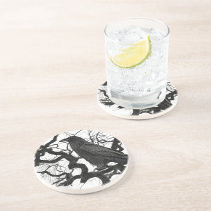 Posavasos Cuervo negro en árbol Foto en blanco y negro