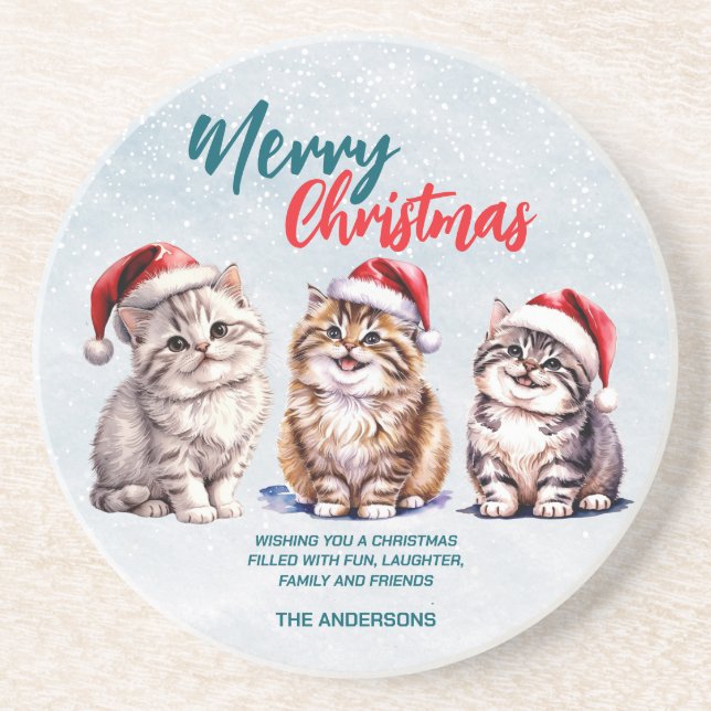 Posavasos Cuidada acuarela gatito Santa Merry Navidad (Frente)