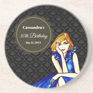 Posavasos Cumpleaños Chica Oscuro Azul Real Vestido de Cockt