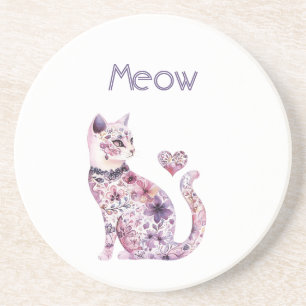 Posavasos Cumpleaños de gato floral corazones púrpura rosa b
