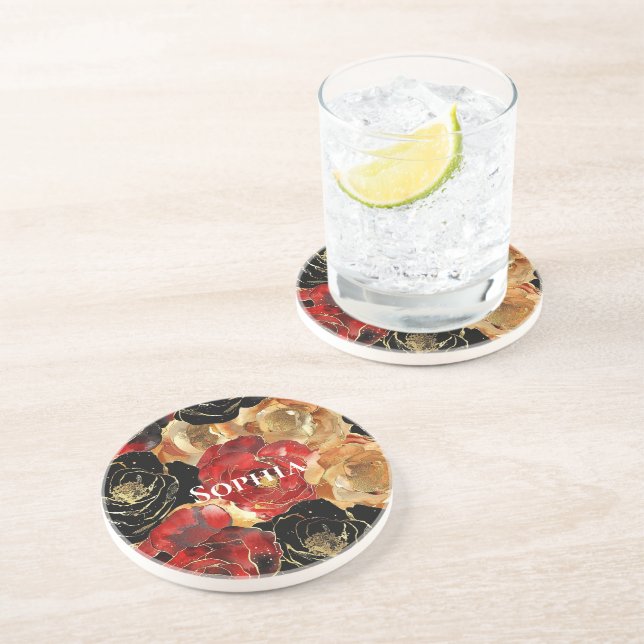 Posavasos Cumpleaños de las Flores de Glam de Oro Rojo (Lado)