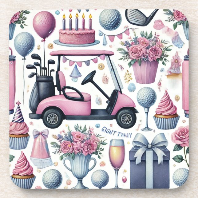 Posavasos Cumpleaños del Golf Tema rosa para Lady Golfer (Frente)