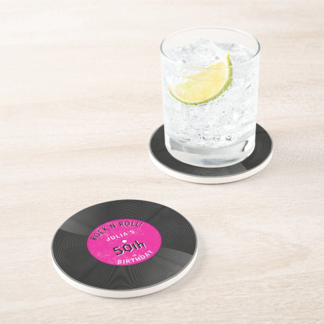 Posavasos Cumpleaños Rosa Rock N Roll Disco de Vinilo Retro (Lado)