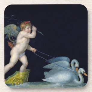 Posavasos Cupid que es llevado por un par de los cisnes