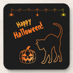 Posavasos Curioso gato negro y la Halloween de Jack-o-Lanter