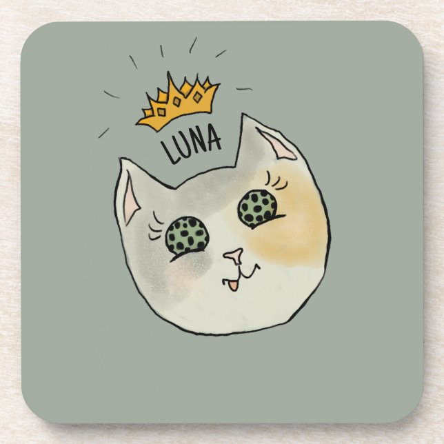 Posavasos Custom Cat Name Art - Chubby White Cat with Crown (Frente)