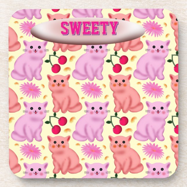 Posavasos Custom Cute Cat Cherry Floral Pattern (Frente)