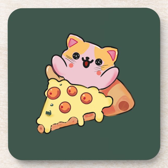 Posavasos Custom Kawaii Cat Hugging Pepperoni Pizza Cartoon (Frente)
