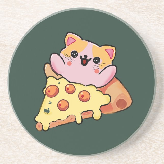 Posavasos Custom Kawaii Cat Hugging Pepperoni Pizza Cartoon (Frente)