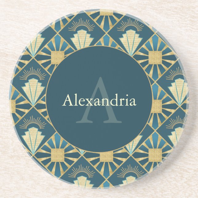 Posavasos Custom Name & Monogram Art Deco Teal & Gold (Frente)