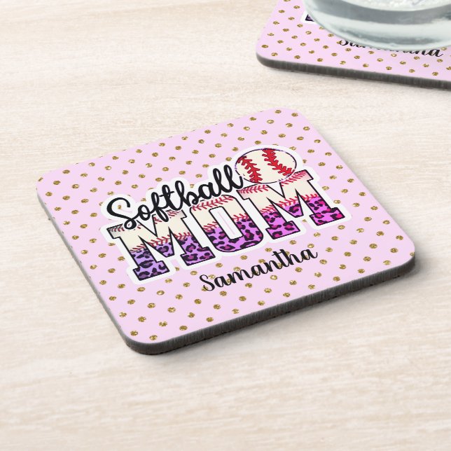 Posavasos Custom Name Softball Mom | Pink and Gold Polka Dot (Lado Izquierdo)
