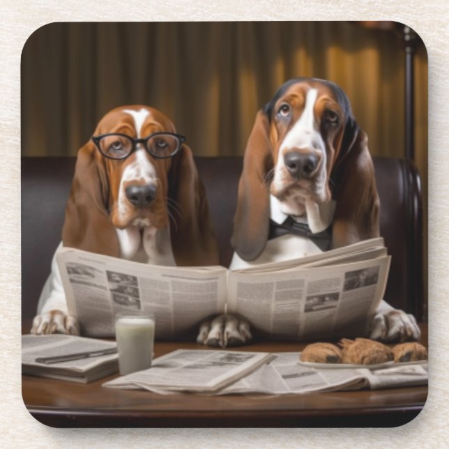 Posavasos Cute basset hounds leyendo la noticia Trivet (Frente)
