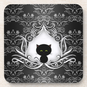 Posavasos Cute Black Cat on Damask