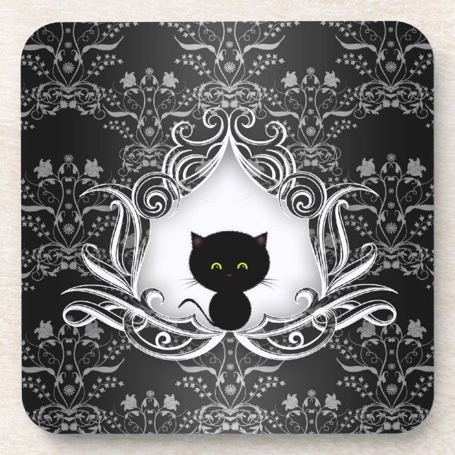 Posavasos Cute Black Cat on Damask (Frente)