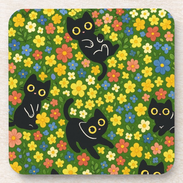 Posavasos Cute Black Cats Floral Meadow Pattern (Frente)