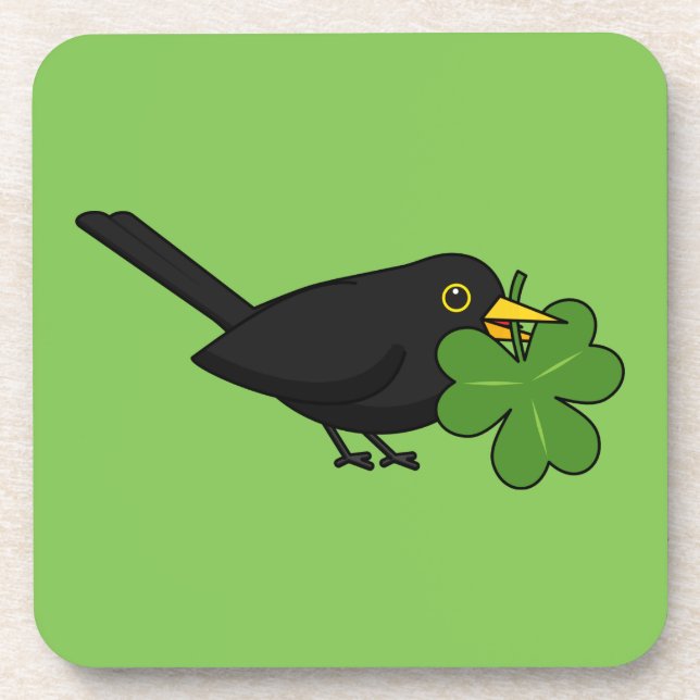 Posavasos Cute Blackbird con Shamrock Clover Personalizado (Frente)