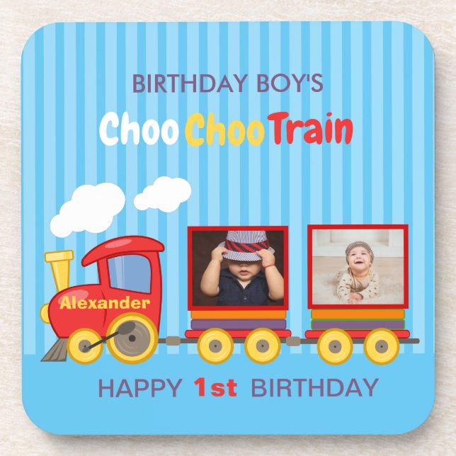 Posavasos Cute Blue Stripes Pattern Toy Train Boys Birthday  (Frente)