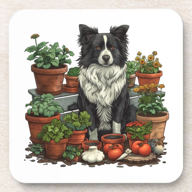 Posavasos Cute Border Collie Gardening (Frente)