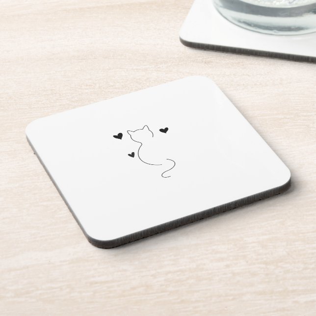 Posavasos Cute cat line drawing, with three hearts (Lado Izquierdo)