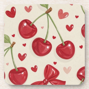 Posavasos Cute Coquette Cereza y Lazos de Cinta Roja Sin Cos
