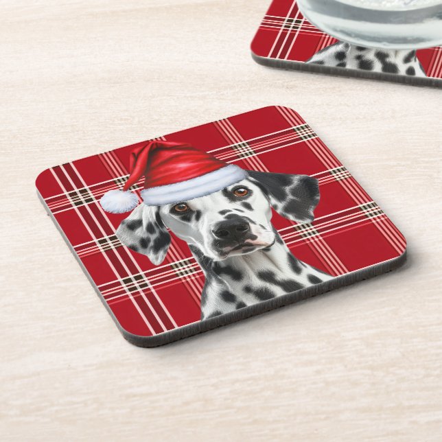 Posavasos Cute Dalmatian Santa Dog Red Holiday Plaid (Lado Izquierdo)
