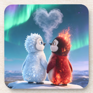 Posavasos Cute Fire and Ice Penguin Northern Lights