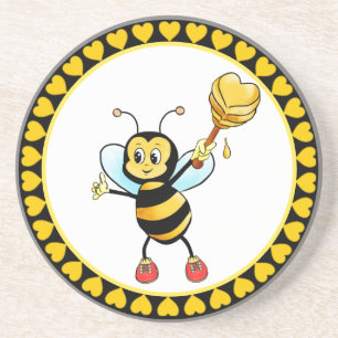 Posavasos Cute Honey Bumble Bee & Corazones en Negro y Amari