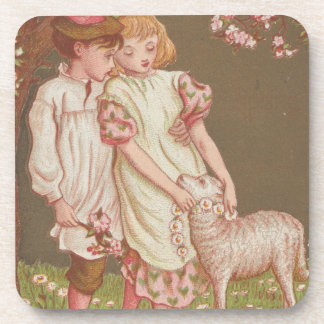 Posavasos Cute Kitschy Vintage Valentine, Children with Lamb