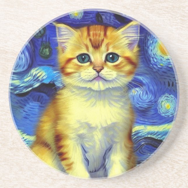 Posavasos Cute Kitten Starry Night Van Gogh (Frente)