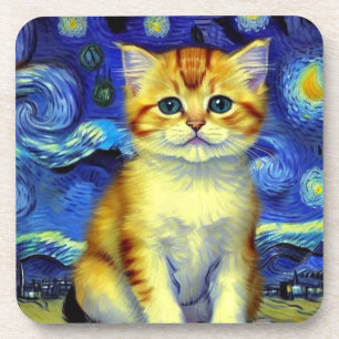 Posavasos Cute Kitten Starry Night Van Gogh