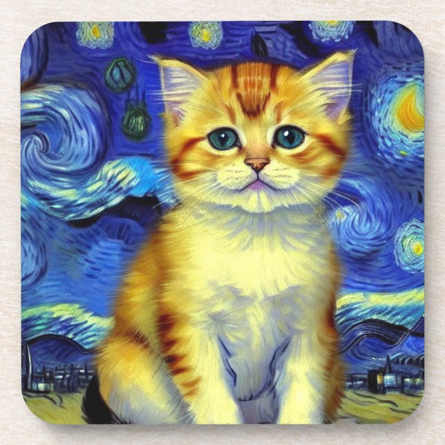 Posavasos Cute Kitten Starry Night Van Gogh (Frente)