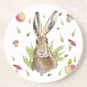 Posavasos Cute liebre con fondo de manzanas y champiñones