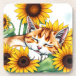 Posavasos Cute Napping Kitten and Sunflowers<br><div class="desc">An adorable ai watercolor illustration of a little white and orange kitten taking a nap in a bunch of sunflowers. Add this sweet,  cozy décor into your space to induce a relaxing environment.</div>