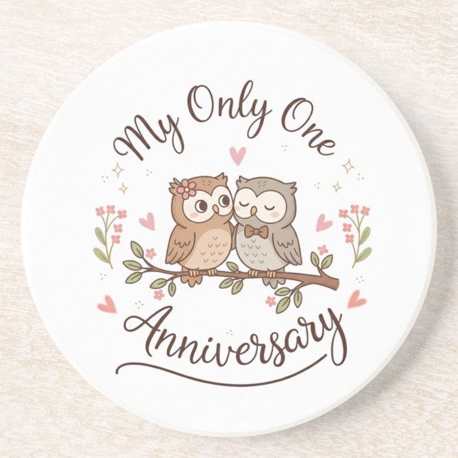Posavasos Cute Owl Couple My Only One Romantic Anniversary C (Frente)