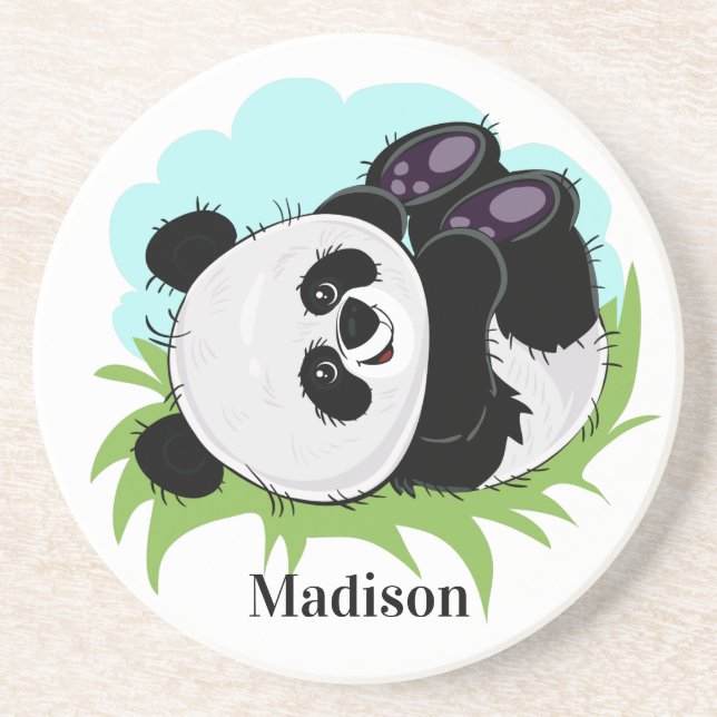 Posavasos Cute Panda nombre personalizado sandstone coaster (Frente)