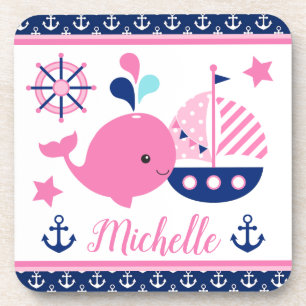 Posavasos Cute Patrón de ballena rosa y anclas náuticas