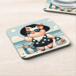 Posavasos Cute Pig in Polka Dot Swimsuit at the Beach<br><div class="desc">This whimsical design features a stylish pig enjoying a sunny day at the beach, dressed in a retro black polka dot swimsuit and oversized heart-shaped sunglasses. The character strikes a confident pose under a wide-brimmed hat, flanked by chic beach bags filled with essentials like sunscreen and drinks, adding charm and...</div>