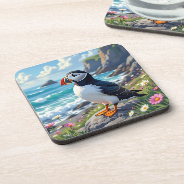 Posavasos Cute Puffin on the Seashore themed   (Lado Izquierdo)