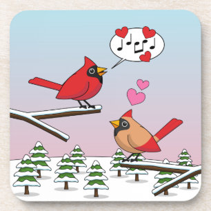Posavasos Cute Red Northern Cardinals aman el paisaje invern